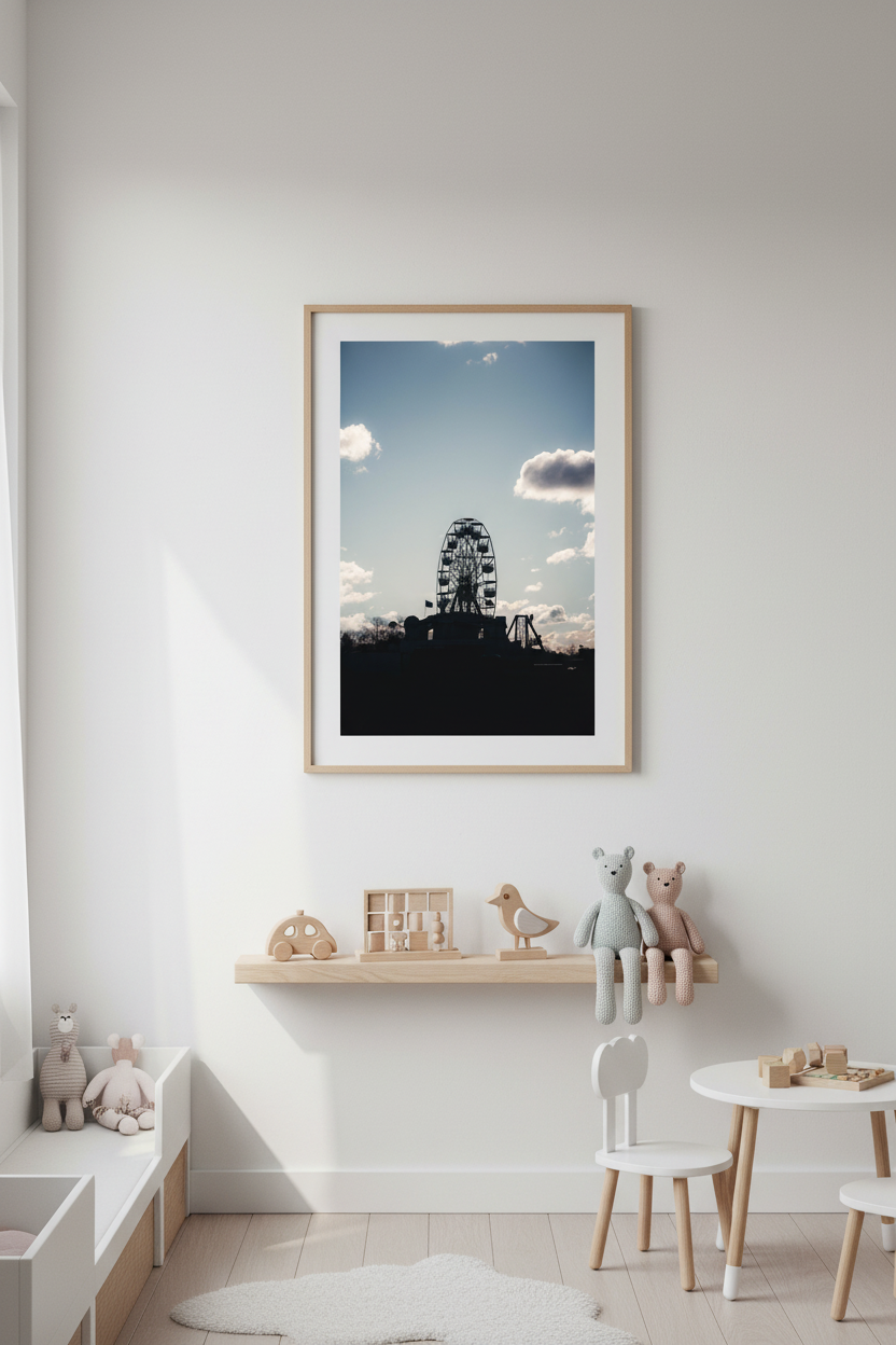 Ferris wheel silhouette fine art print displayed in a frame on a children's bedroom wall, Nordic interior