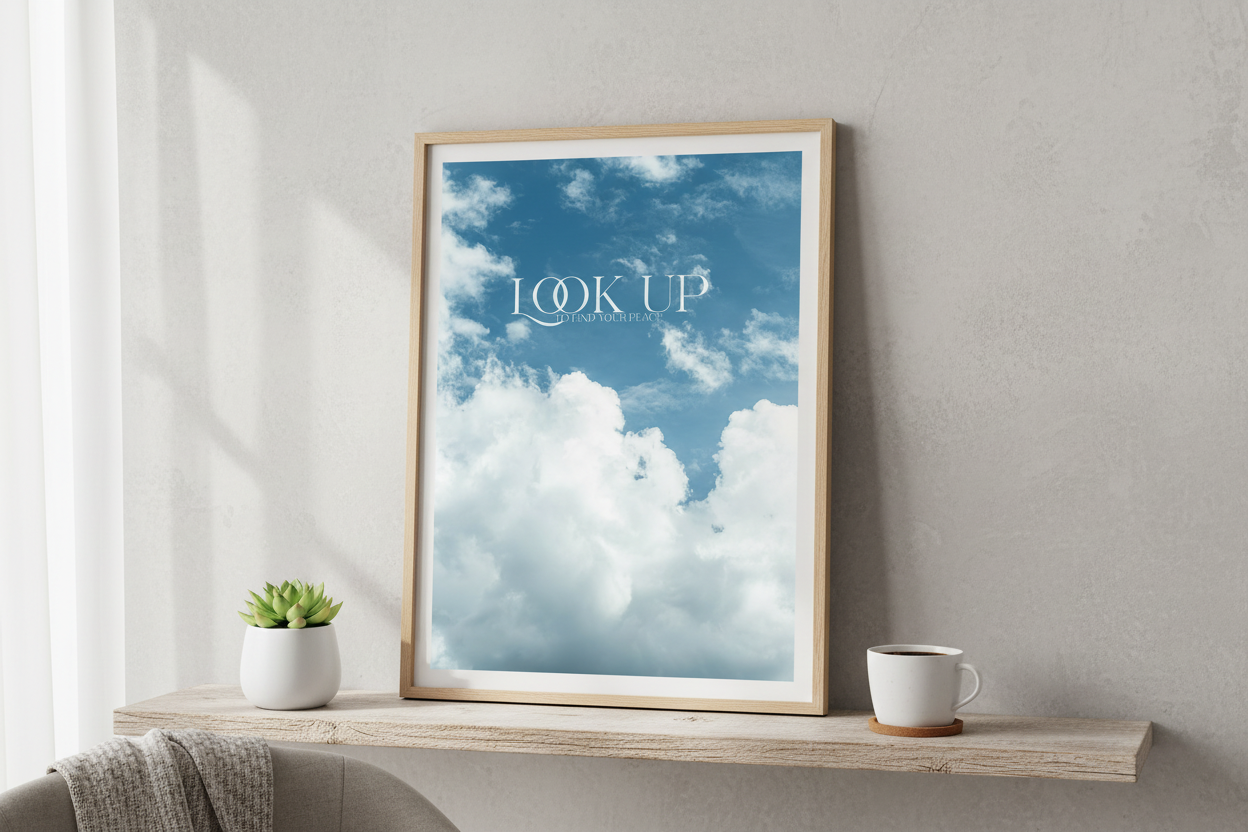 Clouds – Fine Art Print leaning on wall in Nordic home office setting
