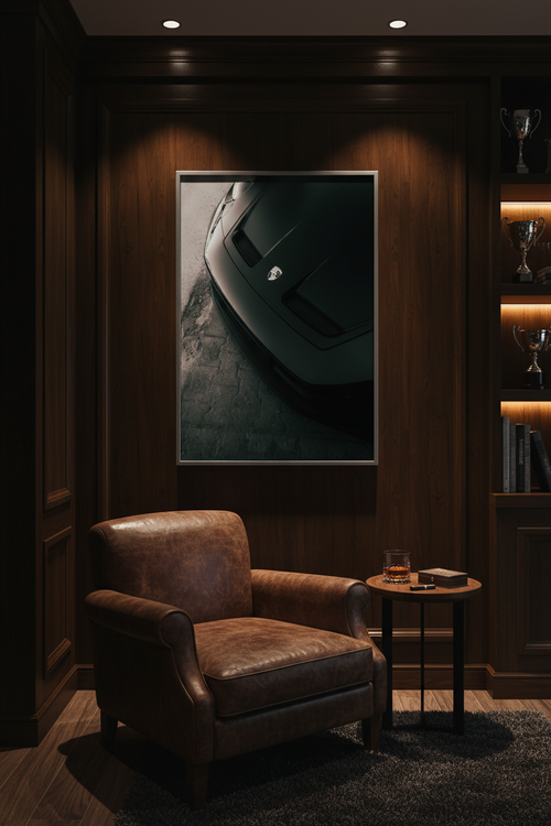 Porsche 911 GT3 fine art print framed on a luxury interior wall, premium automotive photography